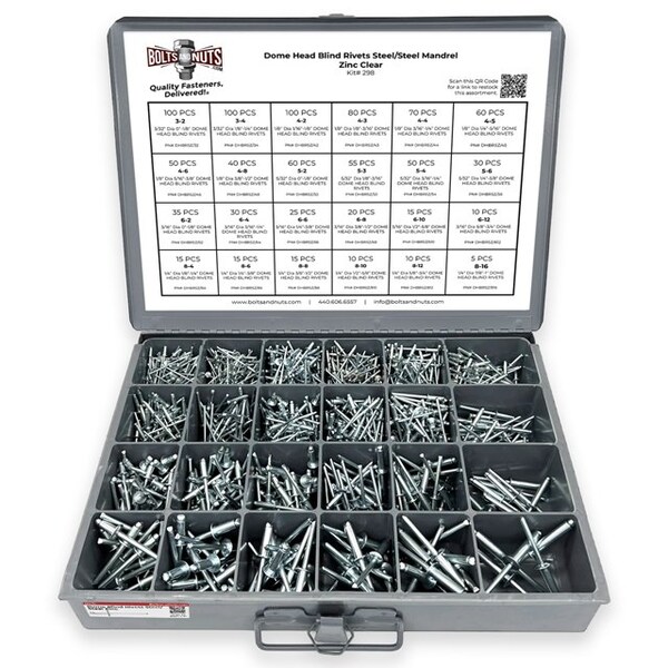 Boltsandnuts.Com Dome Head Blind Pop Rivets Steel/Steel Mandrel Zinc Clear Assortment - 1001PCS Assortment Kit #298 - main